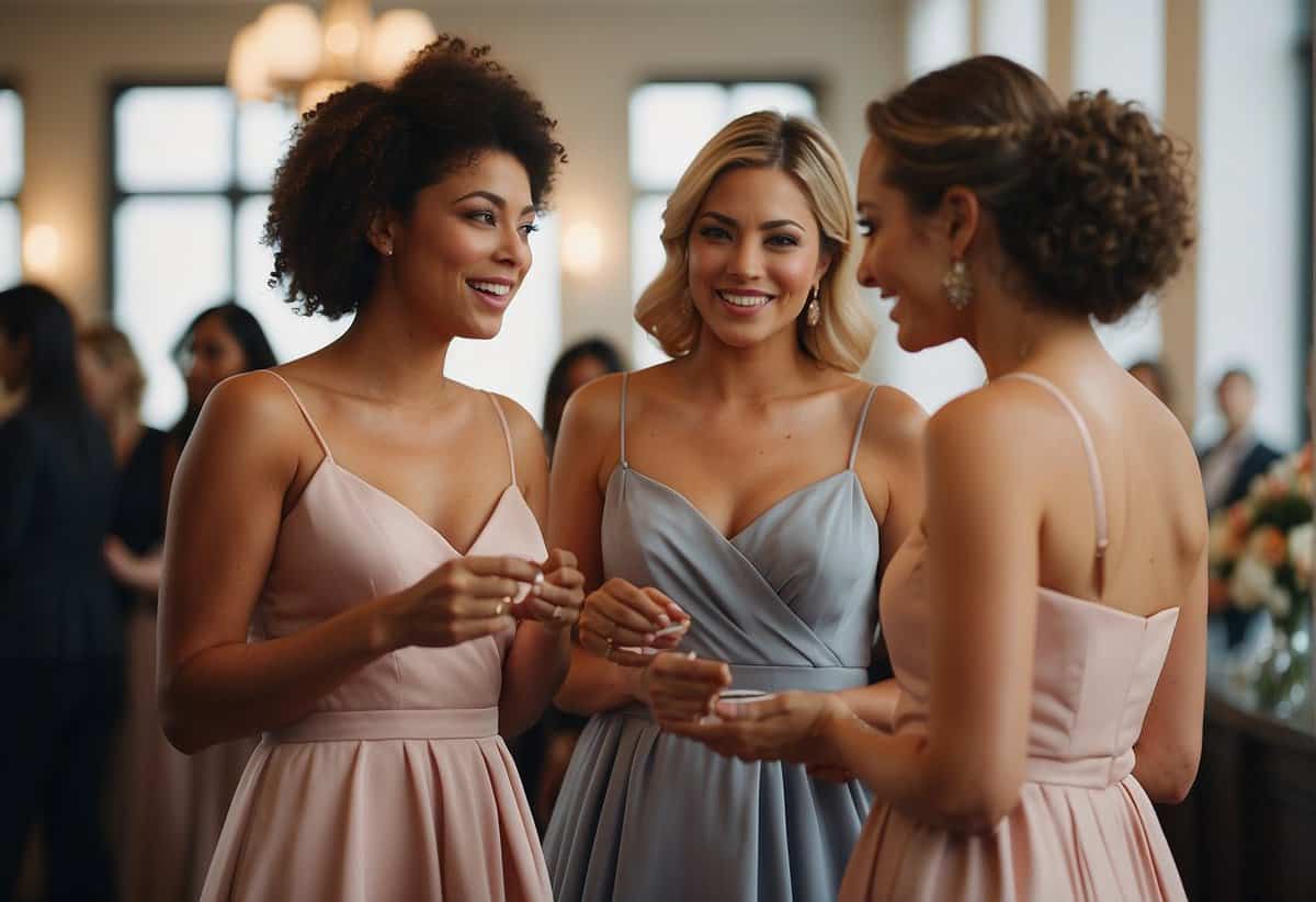 Bridesmaids discussing dress expenses, looking at price tags and discussing payment options