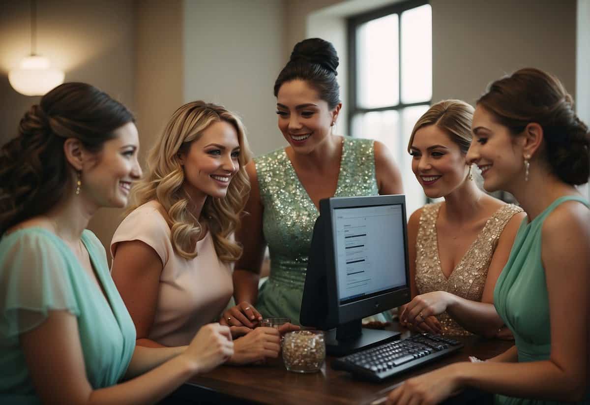 A group of bridesmaids gather around a computer, discussing and searching for information on who pays for their dresses in the UK