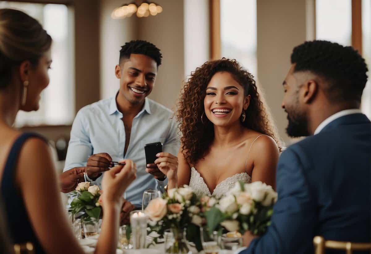 A group of people happily preparing for a wedding, with a focus on makeup application and a sense of inclusivity and positivity
