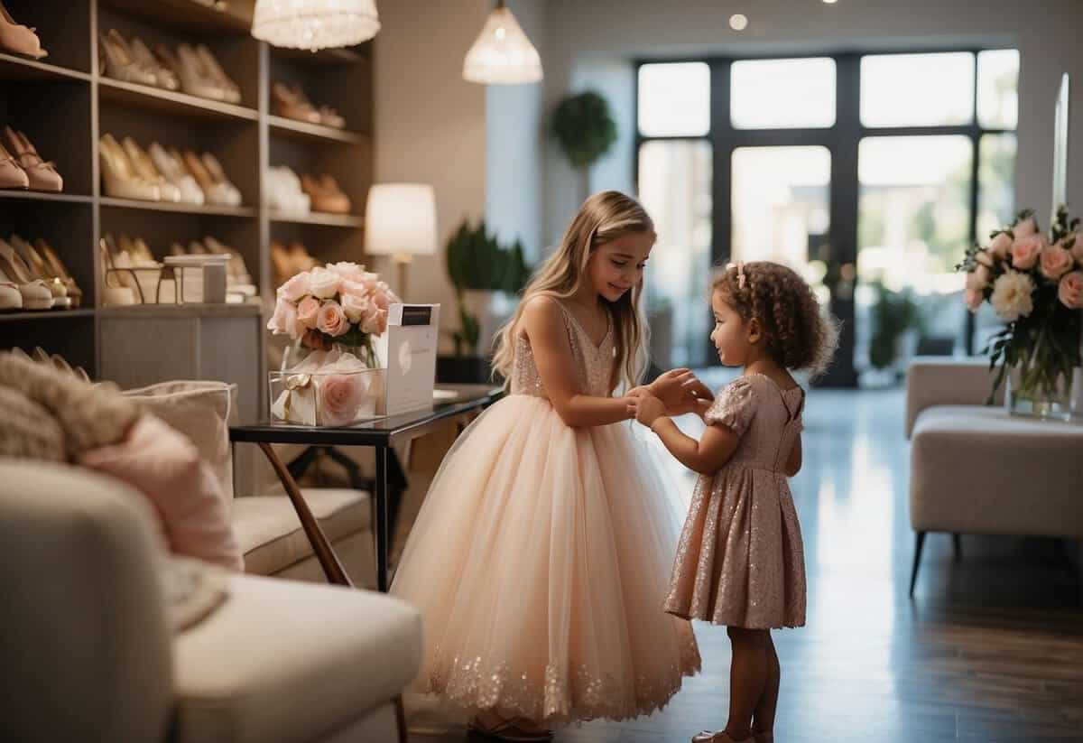 A parent purchases a flower girl dress at a boutique with a credit card