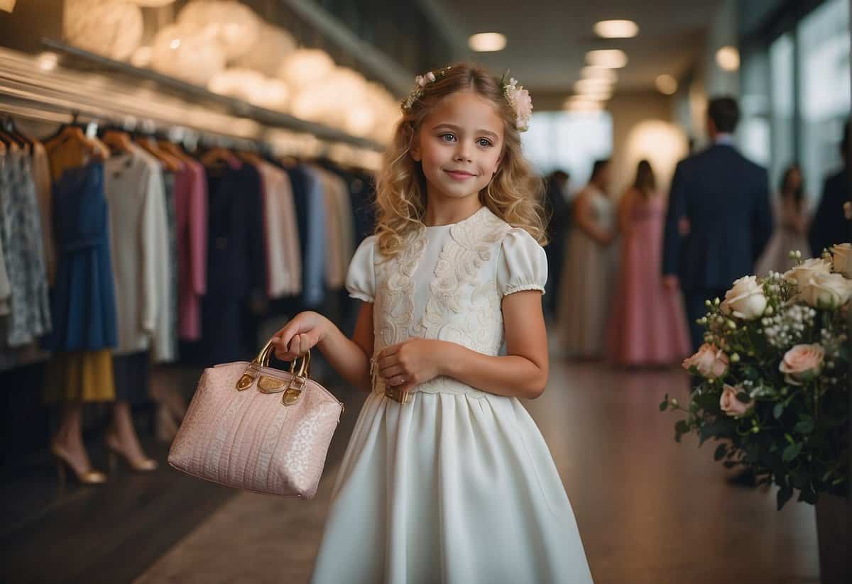 A flower girl holds a dress and a purse, exchanging money with a salesperson