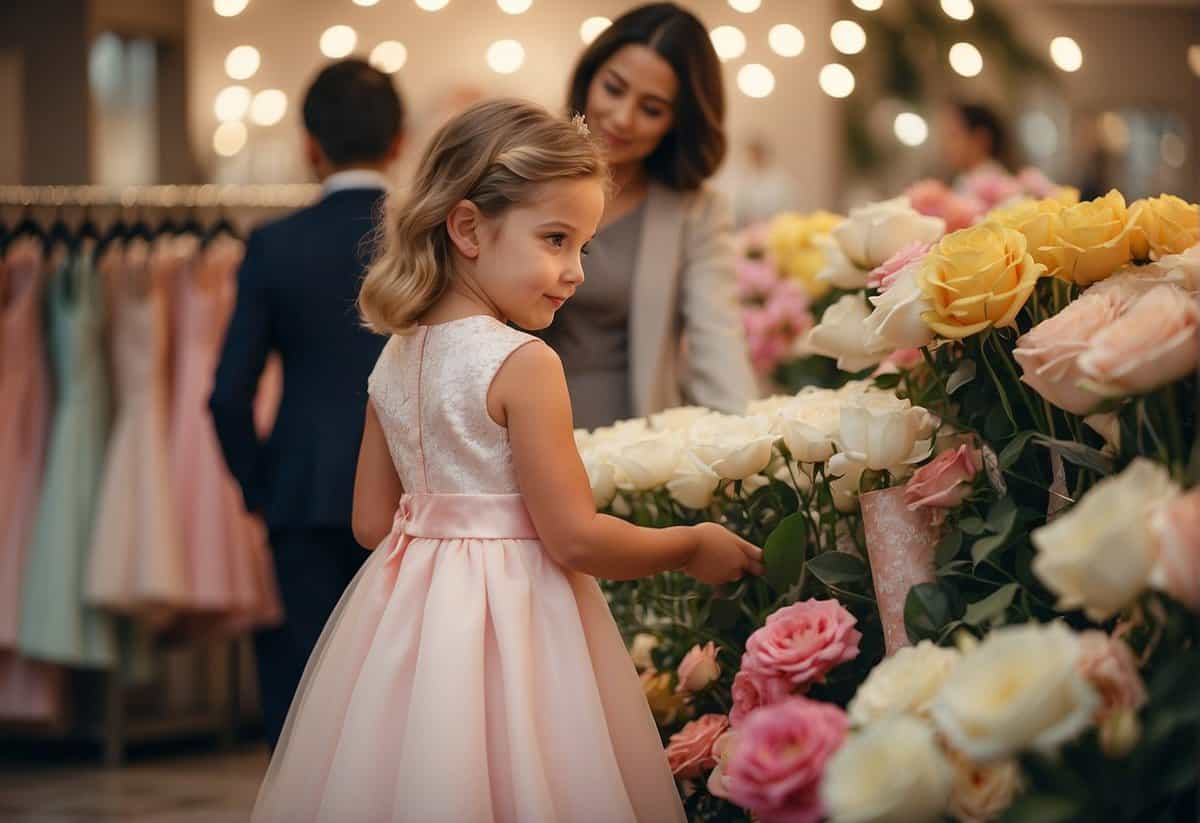 A woman purchases a flower girl dress, selecting the perfect size and style for the occasion
