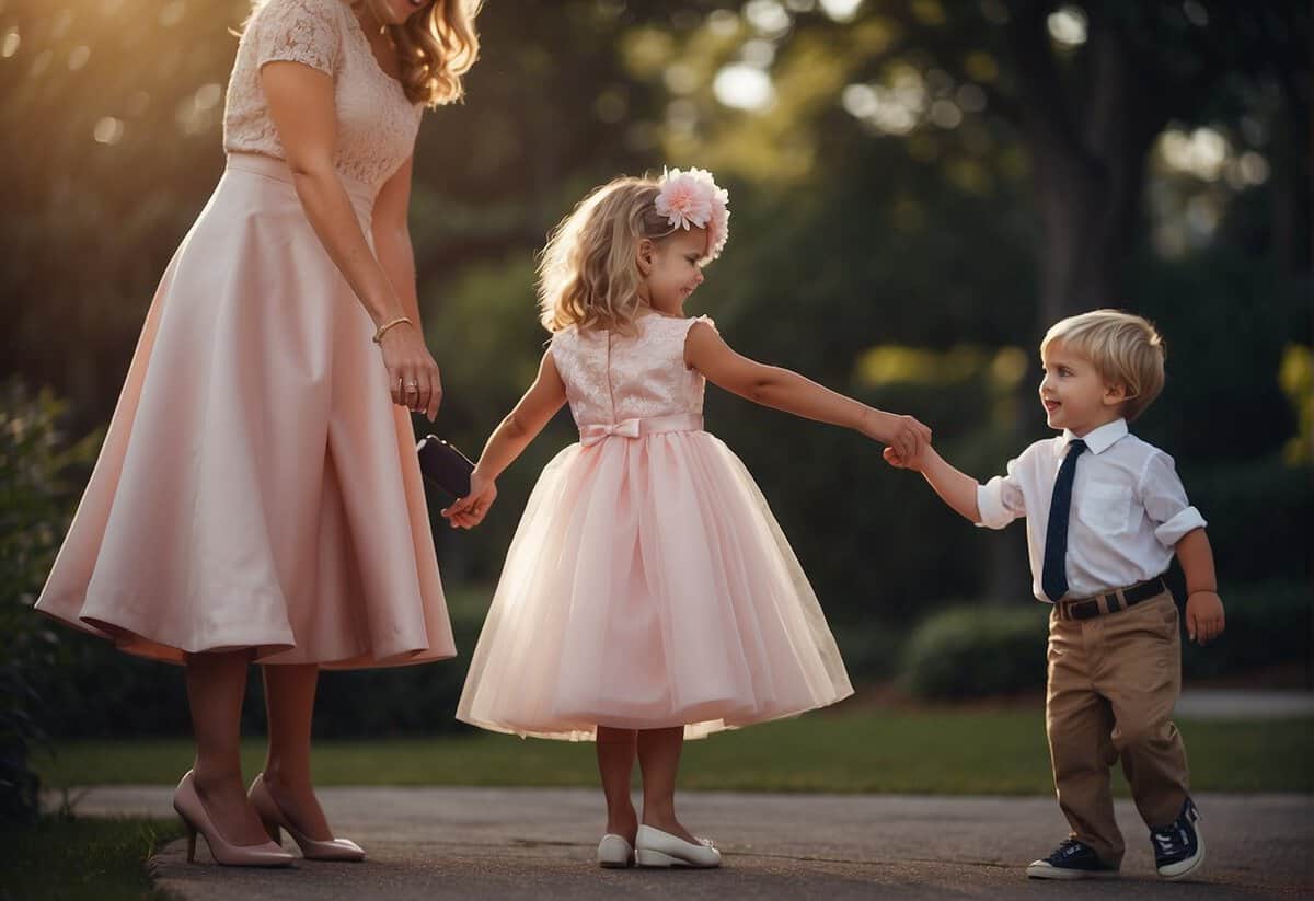 A woman holds a flower girl dress, while a man reaches for his wallet, indicating a discussion about who will pay for the dress