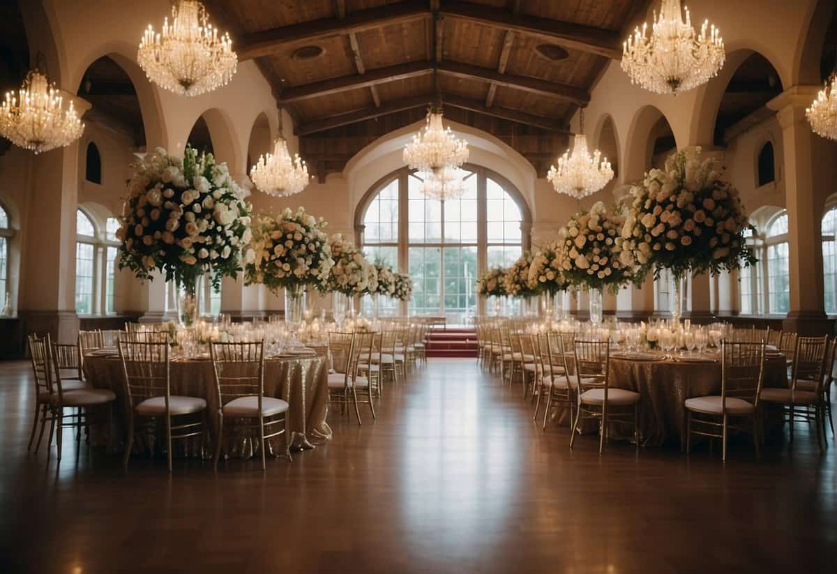 A grand wedding venue with floral decorations, catering, and entertainment