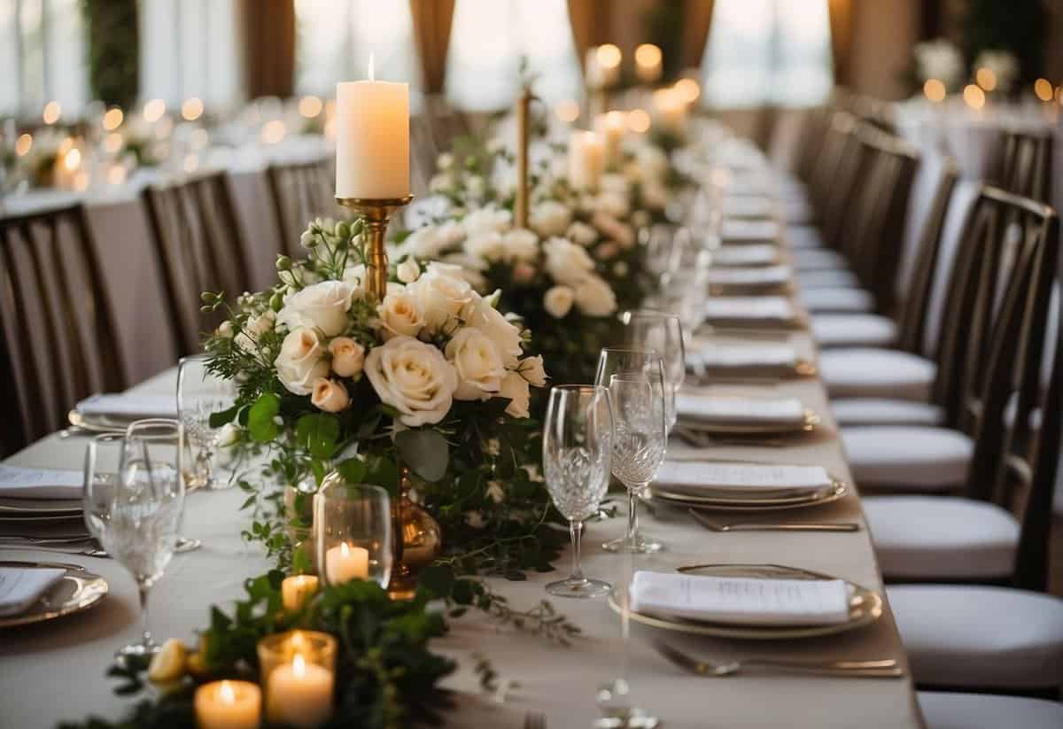 A table with a spreadsheet showing itemized wedding expenses for a 100-person event in the UK, including venue, catering, and decor costs