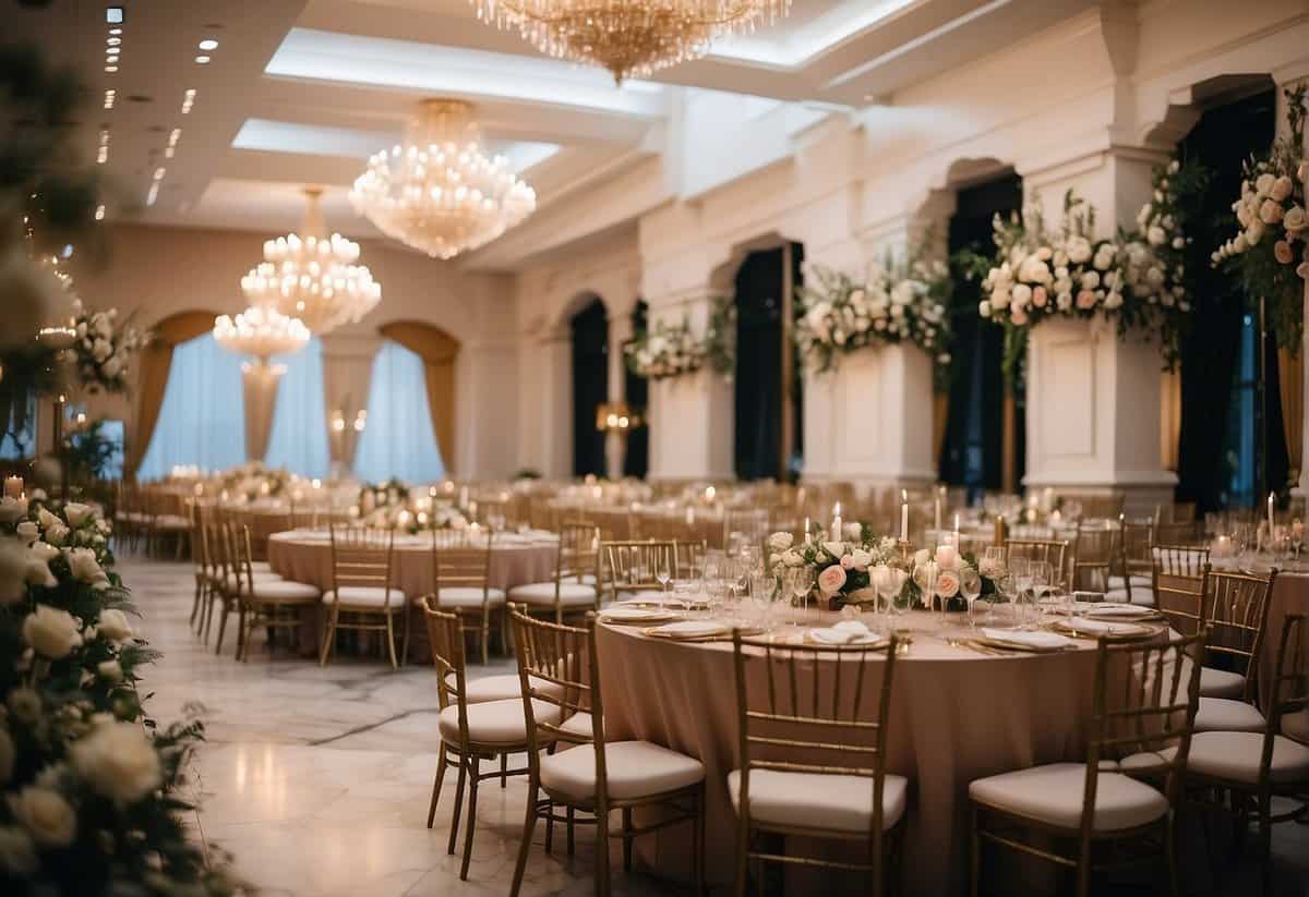 A lavish wedding venue with elegant decor, seating for 100 guests, and a grand banquet spread