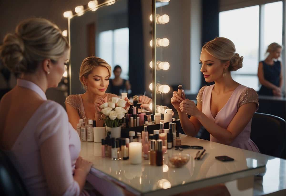 Bridesmaids sit in a row, facing a mirror. A makeup artist applies makeup while a hairstylist works on their hair. Makeup and hair products are neatly arranged on a table