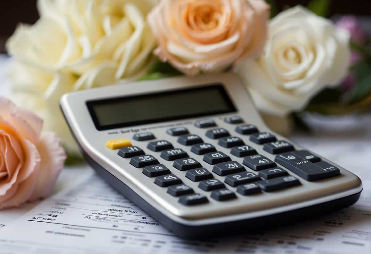 A wedding budget of $10,000 displayed on a calculator with wedding-related items such as a cake, flowers, and venue in the background