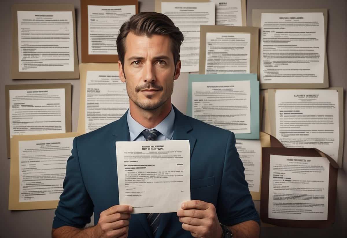 A man holding a marriage license with a large question mark above his head, surrounded by legal documents and ethical guidelines