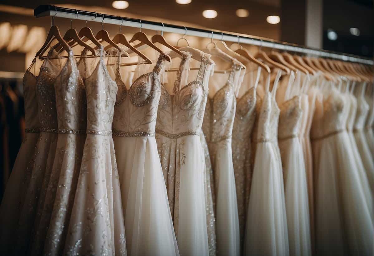 A rack of wedding dresses with price tags displayed