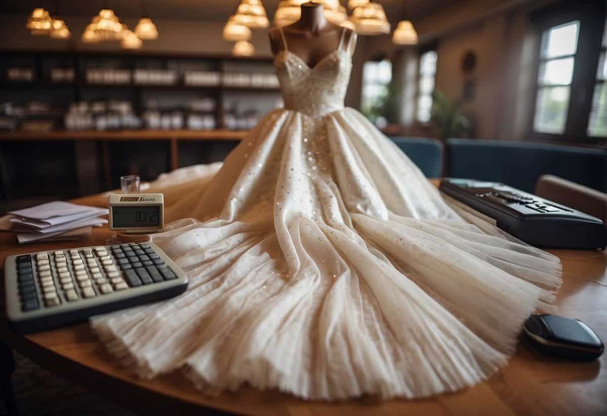 A wedding dress surrounded by price tags, a budget spreadsheet, and a calculator on a table