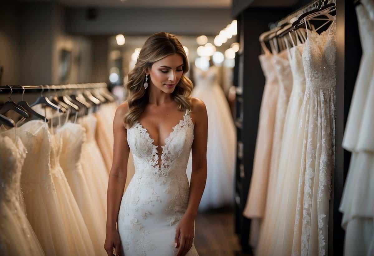 A bride-to-be browsing through racks of wedding dresses, prices displayed, with a thoughtful expression