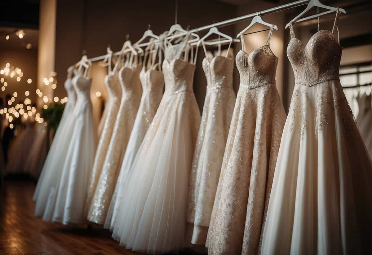 A display of various wedding dress styles with price tags