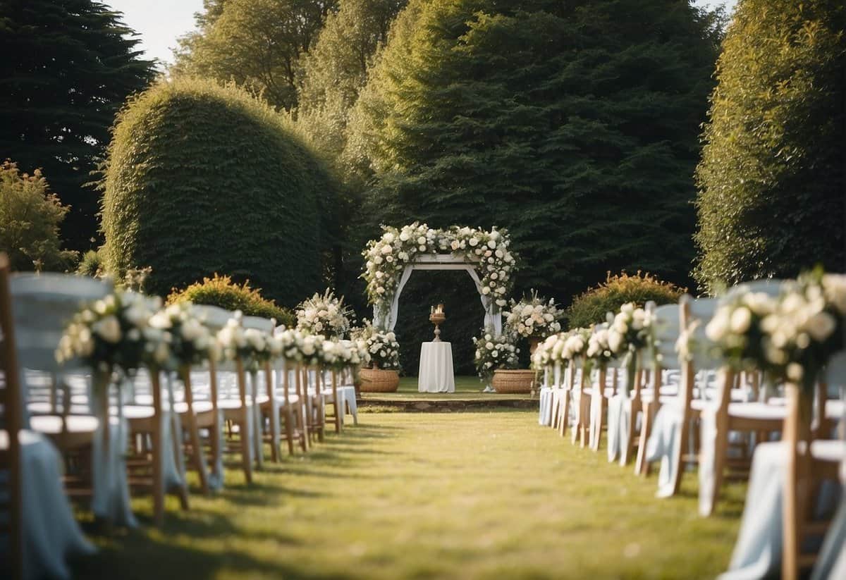 An outdoor wedding ceremony in the UK, with a picturesque setting of a blooming garden or a scenic countryside backdrop