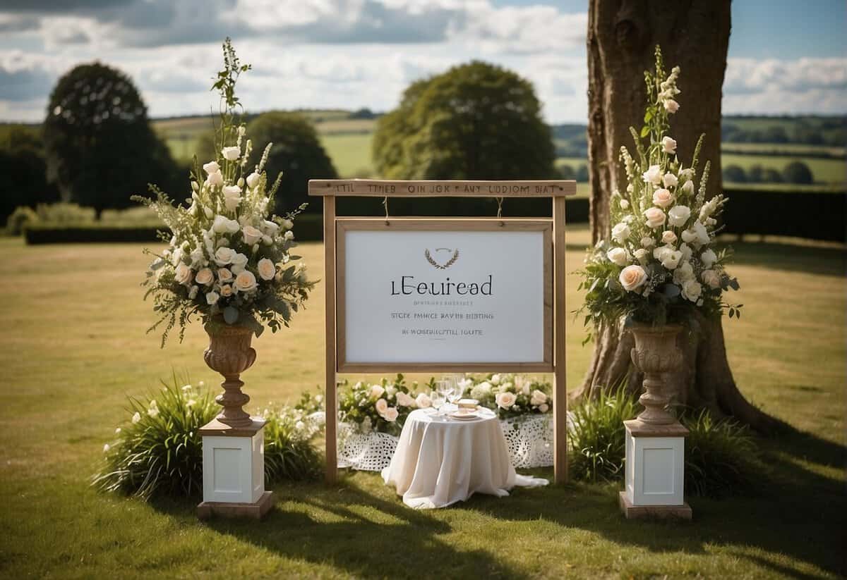 An outdoor wedding scene in the UK with a sign displaying "Legal Outdoor Weddings" and a copy of the regulations in a picturesque setting