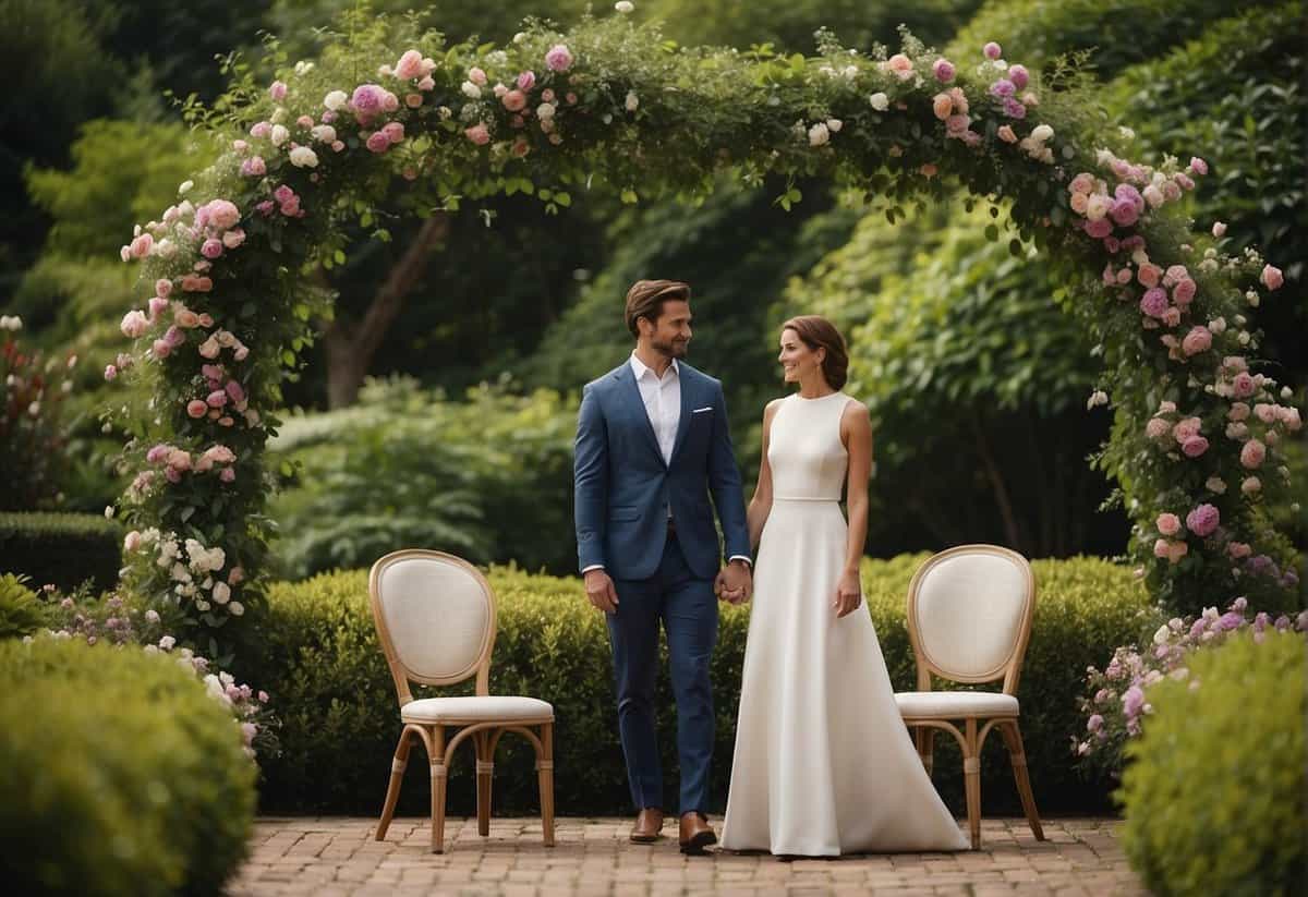 A couple stands under a floral arch in a lush garden, surrounded by spaced-out chairs. A sign reads "COVID-19 regulations in place."