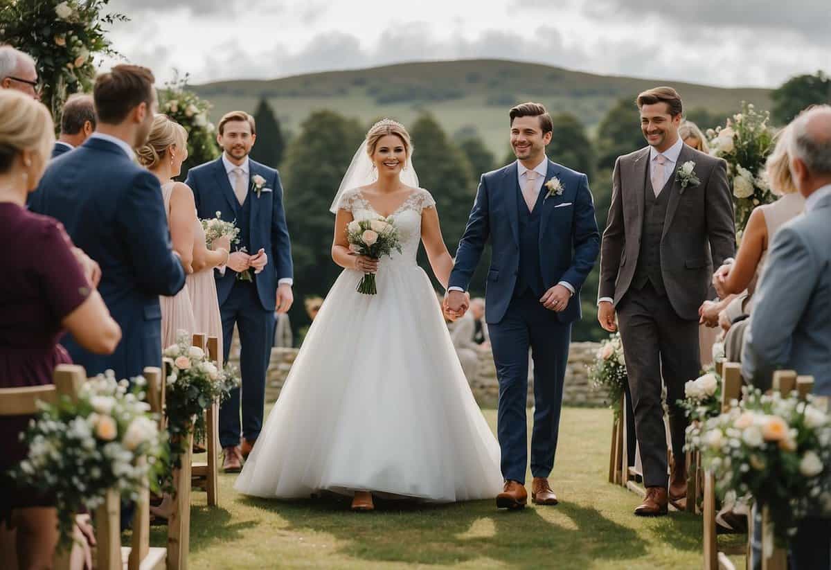 An outdoor wedding ceremony in the UK, with a picturesque setting and a celebratory atmosphere