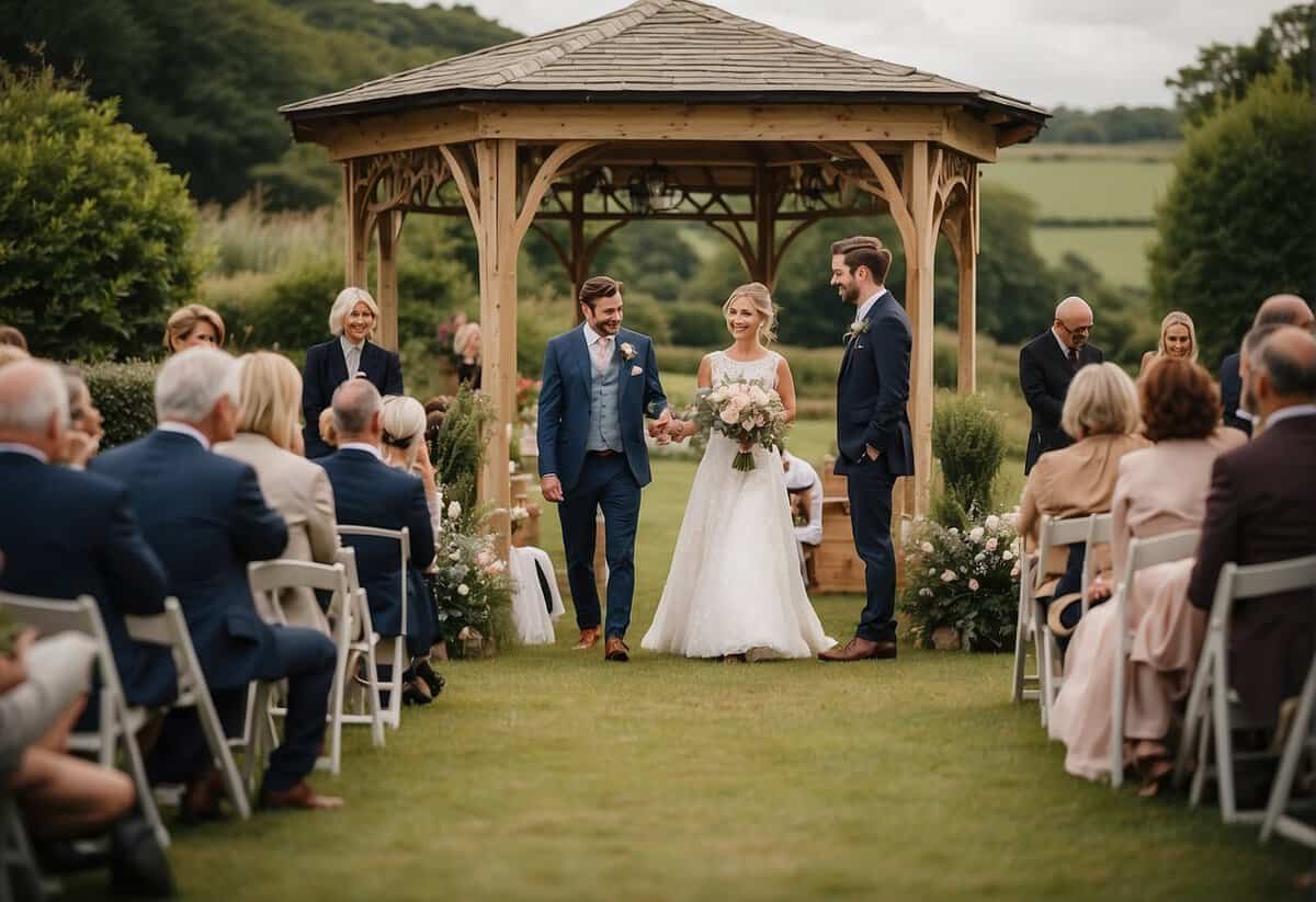 An outdoor wedding scene in the UK with a picturesque countryside backdrop, a charming gazebo or arbor, and a small gathering of guests seated on white folding chairs