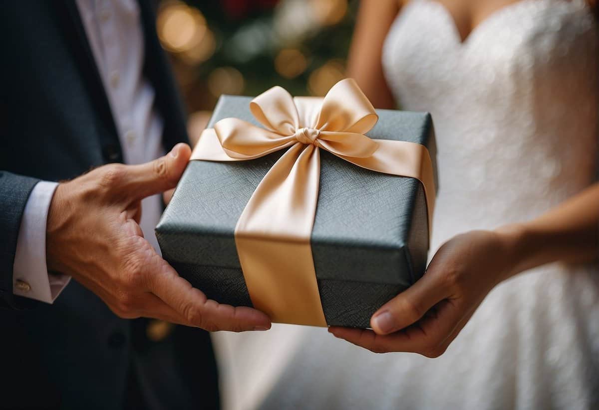 The bride presents a wrapped gift to the groom