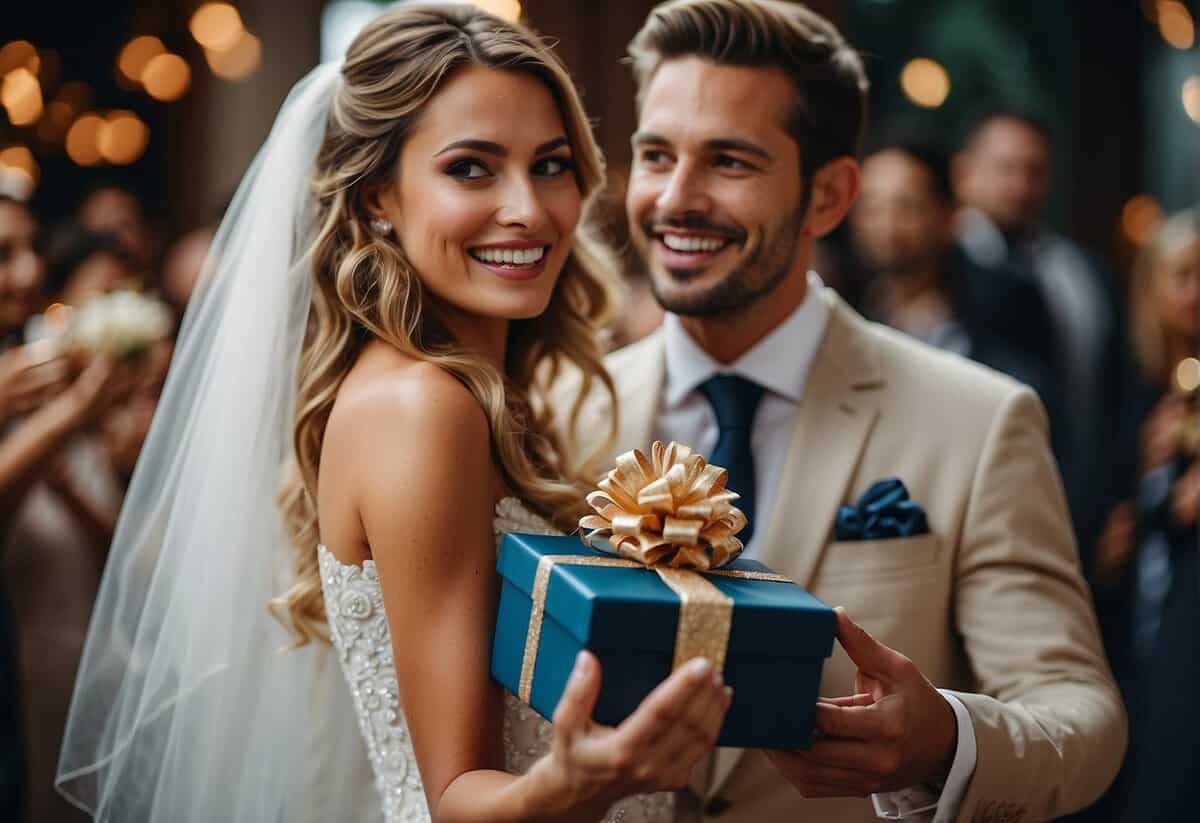 A bride holds a gift box, while a groom looks surprised