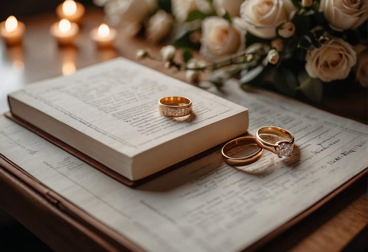 A table with marriage license, rings, and officiant's book