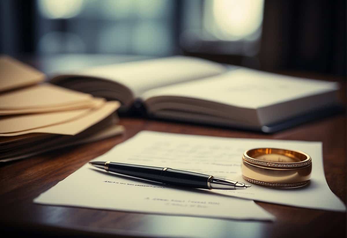 A table with a stack of legal documents, a pen, and a wedding ring