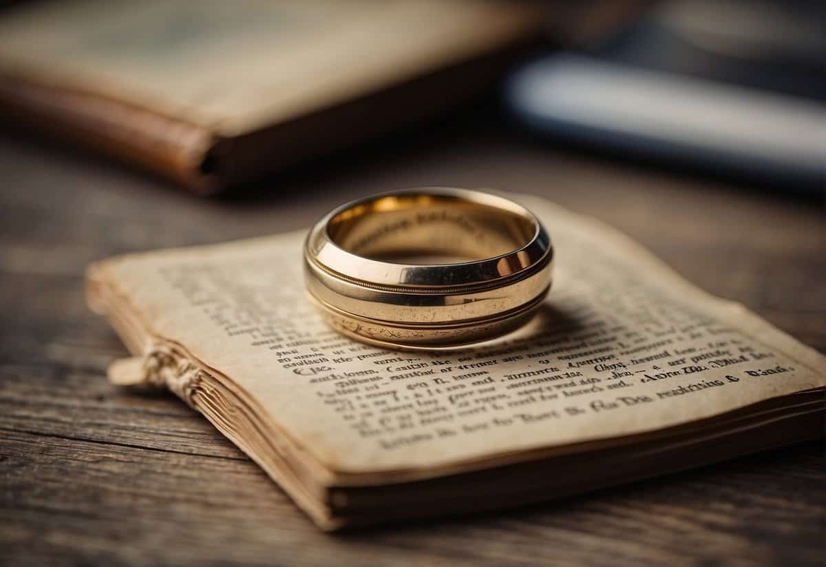 A wedding ring resting on a weathered wooden table, surrounded by vintage photographs and love letters
