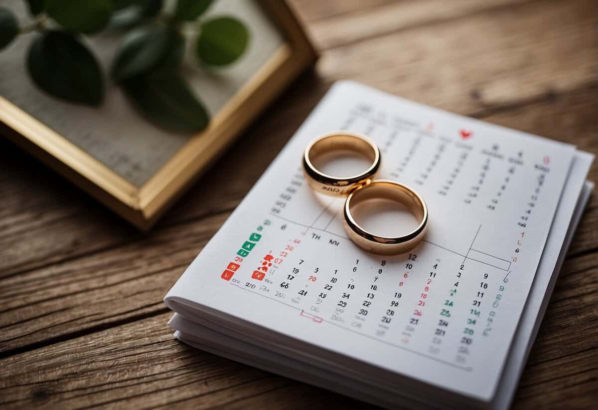 A calendar with highlighted dates, a heart-shaped graph showing longevity, and a stack of wedding rings