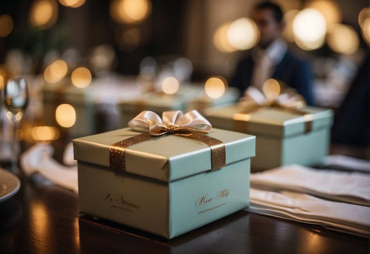Guests place envelopes in a decorative box labeled "wedding gifts" at the reception