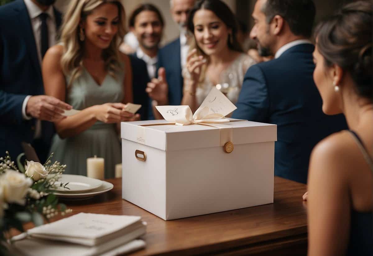 Guests gathering around a wedding card box, placing envelopes inside. Some guests chat, while others glance at the box, contemplating their contribution