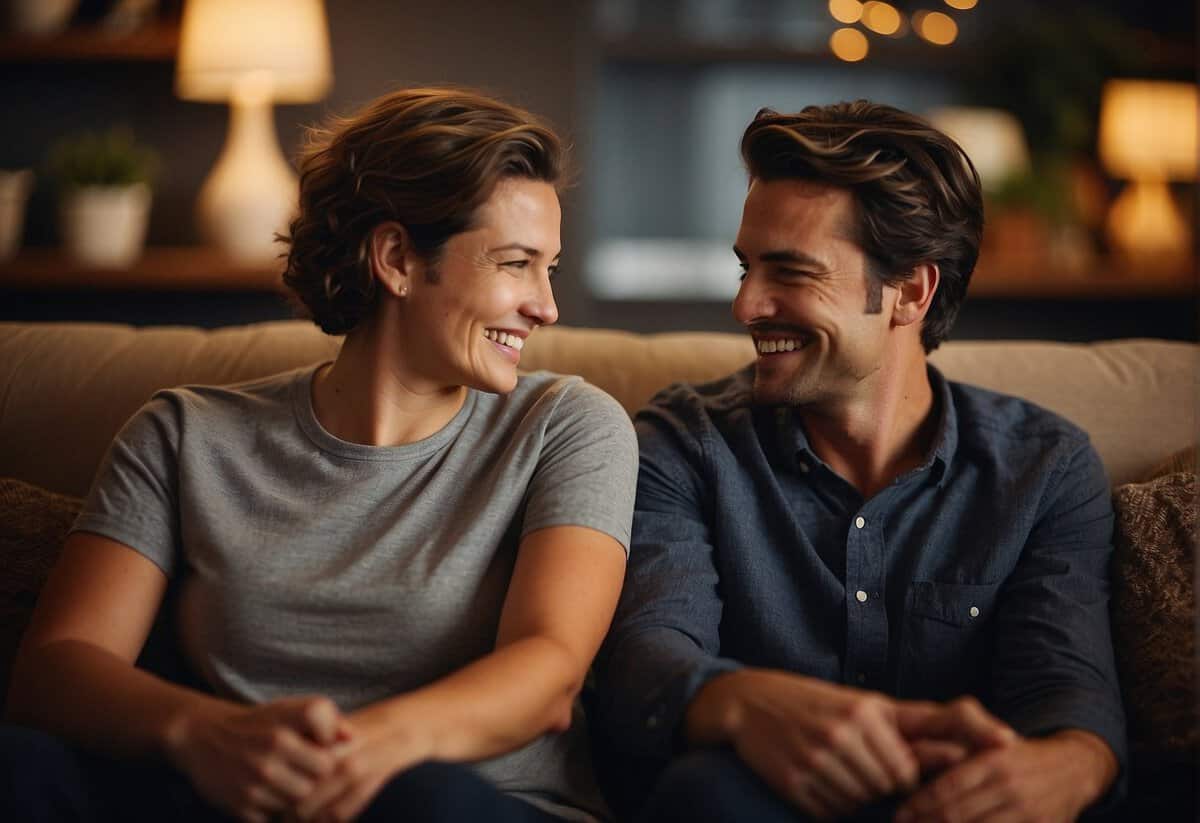 A couple cohabiting, not married, sit together on a cozy couch, sharing laughter and intimate conversation. A sense of warmth and comfort fills the room, reflecting their strong bond and commitment to each other