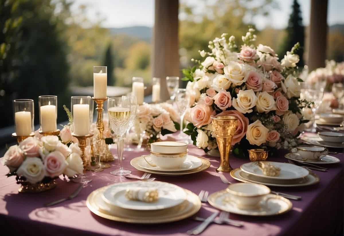 A pile of wedding items: extravagant decorations, unnecessary favors, and overpriced flowers. A list of expenses: luxury venue, designer dress, and extravagant catering