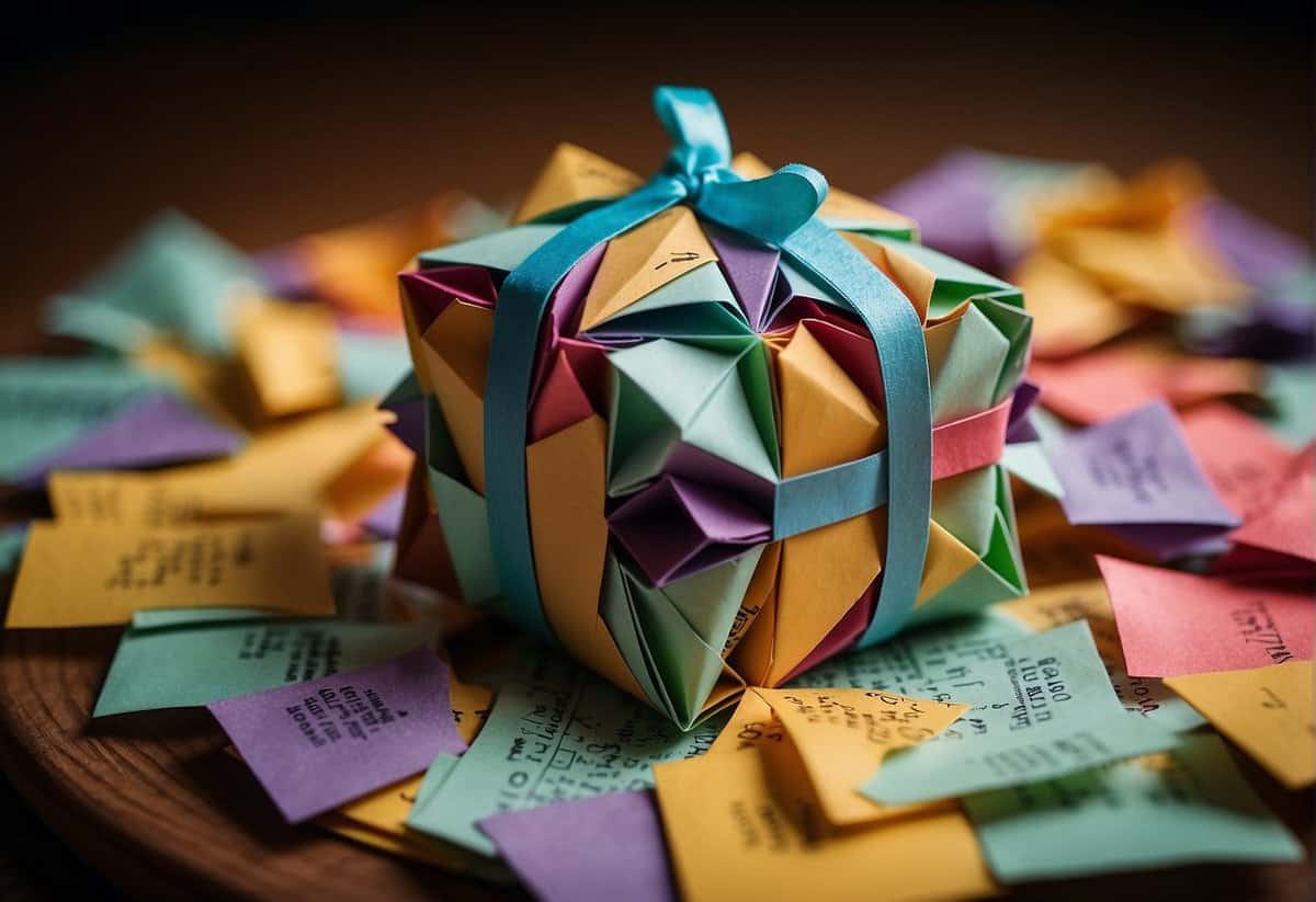 A pile of colorful bills arranged in a decorative origami display, with a note attached expressing well wishes for the couple's future