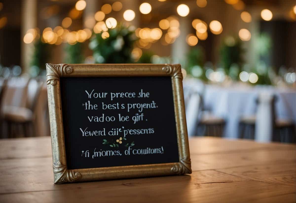 A sign at the wedding reception reads "Your presence is the best gift. In lieu of presents, we kindly request monetary contributions."