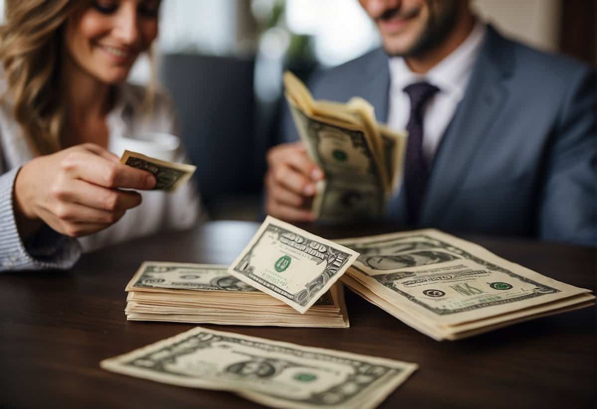 A couple holding a wedding invitation with a subtle "financial support appreciated" note. A thank-you card and a pile of cash symbolize gratitude