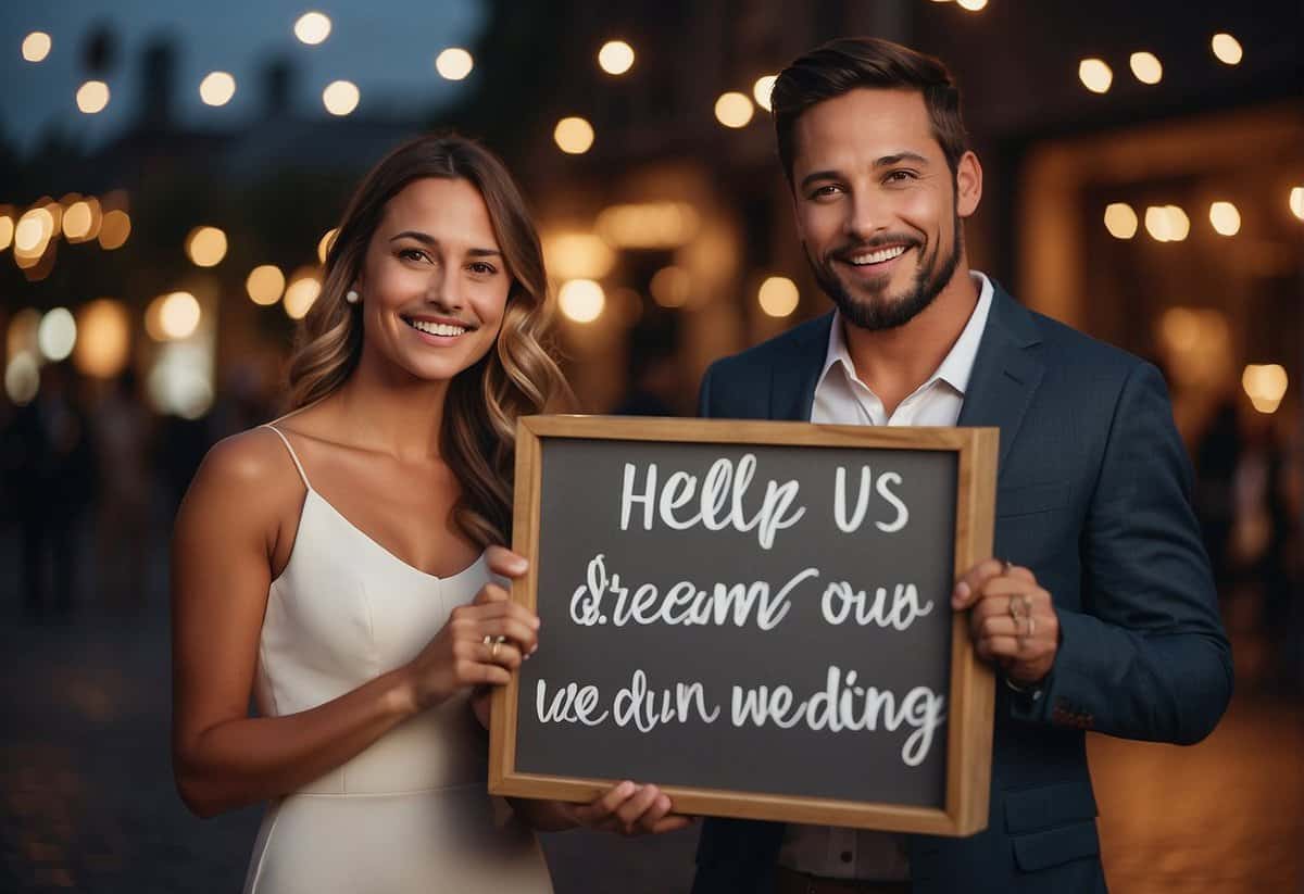 A couple standing together, holding a sign that reads "Help us fund our dream wedding" with a box for donations