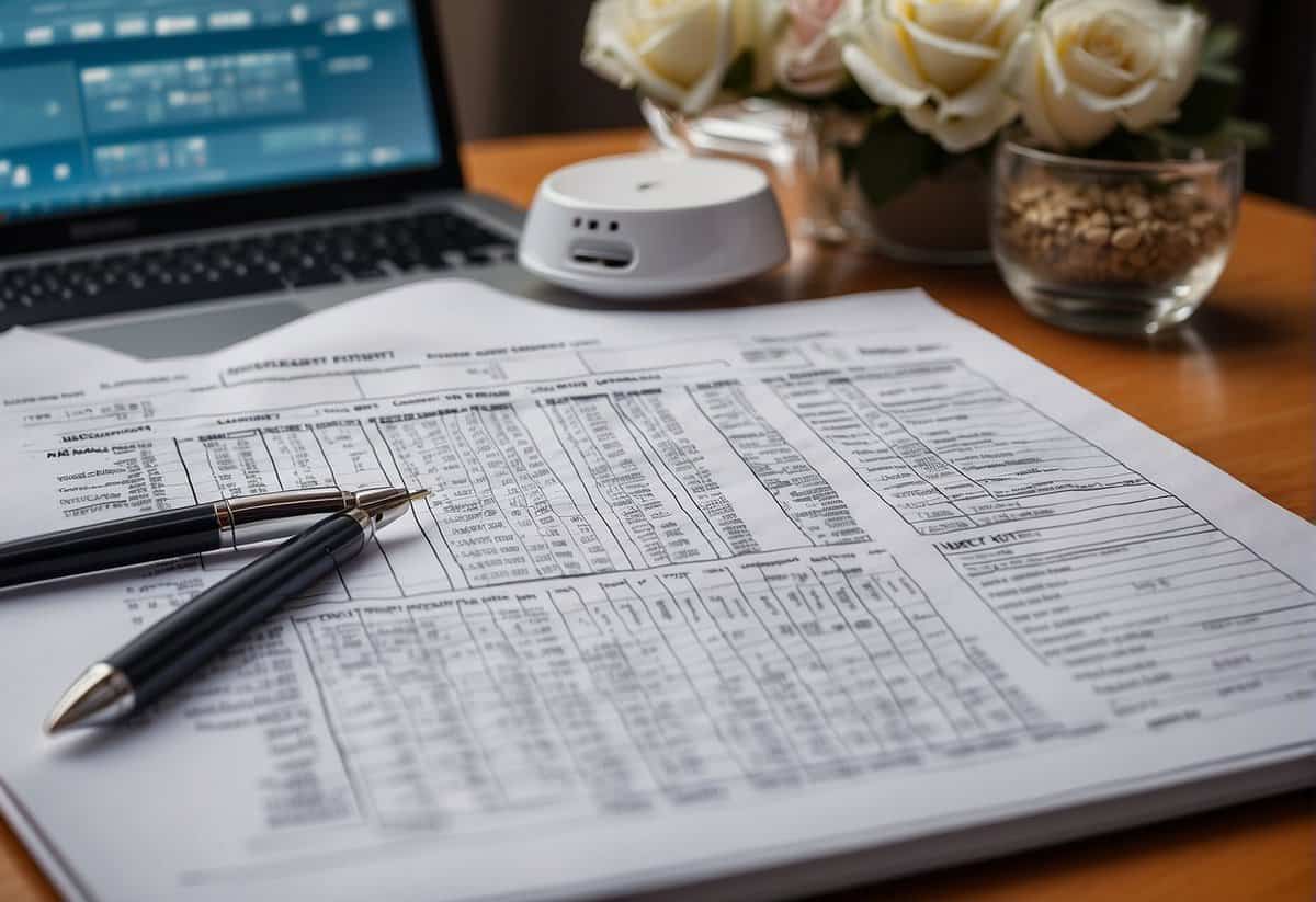 A wedding budget spreadsheet with categories for venue, catering, attire, and other expenses. A calculator and pen sit beside it