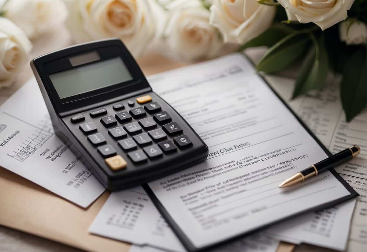 An elegant wedding invitation surrounded by financial documents and a calculator, symbolizing the bride's parents finalizing their contributions