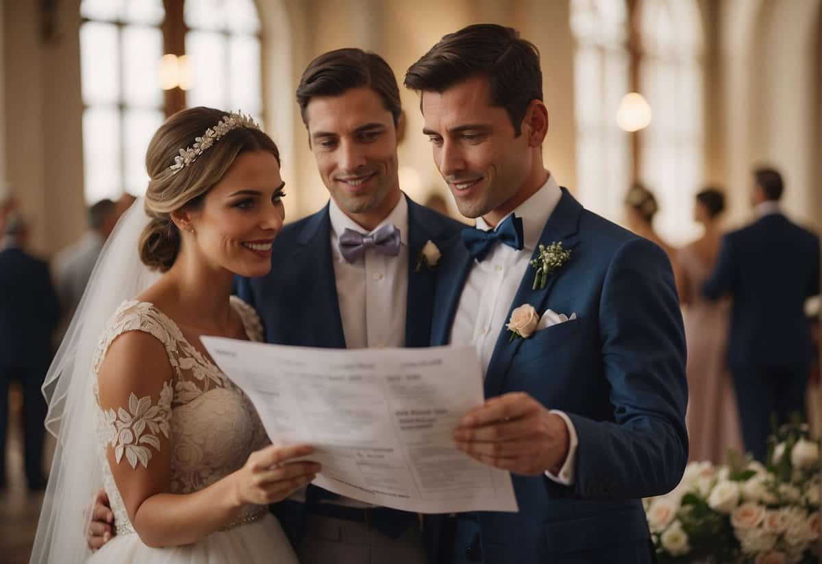 A couple looks at a list of unexpected wedding costs, while their parents discuss how much they should contribute to the UK wedding expenses
