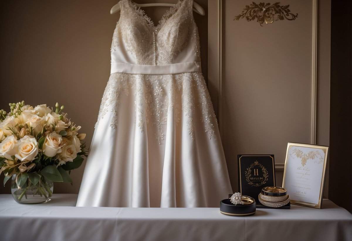 Bride's gown hung on a door, flowers arranged on a table, makeup and hair tools laid out, a wedding invitation and rings displayed on a dresser