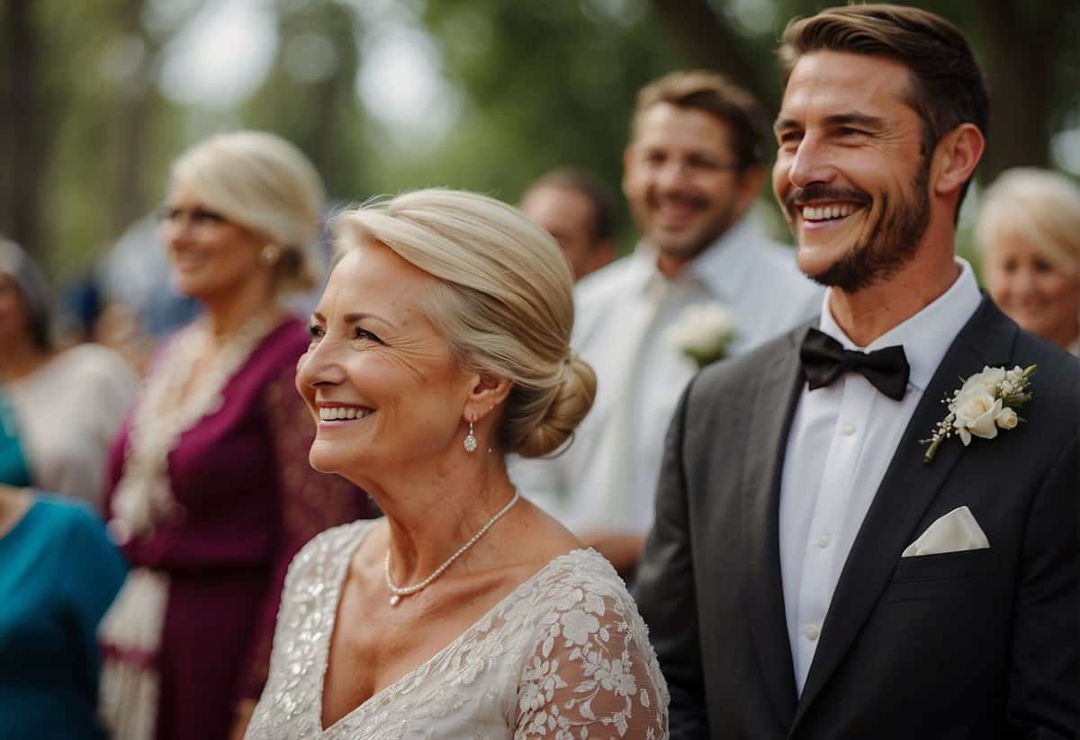 The mother of the groom smiles proudly as she watches the wedding ceremony