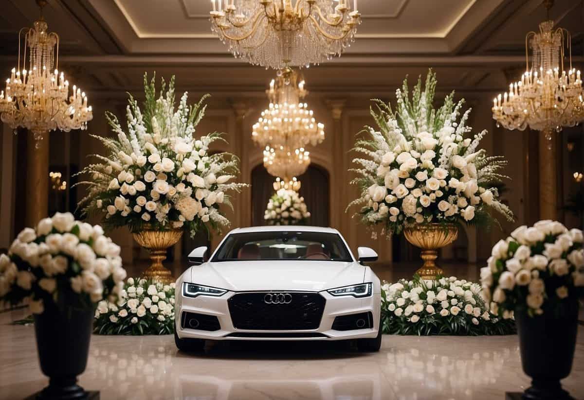 A lavish wedding venue with opulent decorations and extravagant floral arrangements, surrounded by luxury cars and a grand entrance