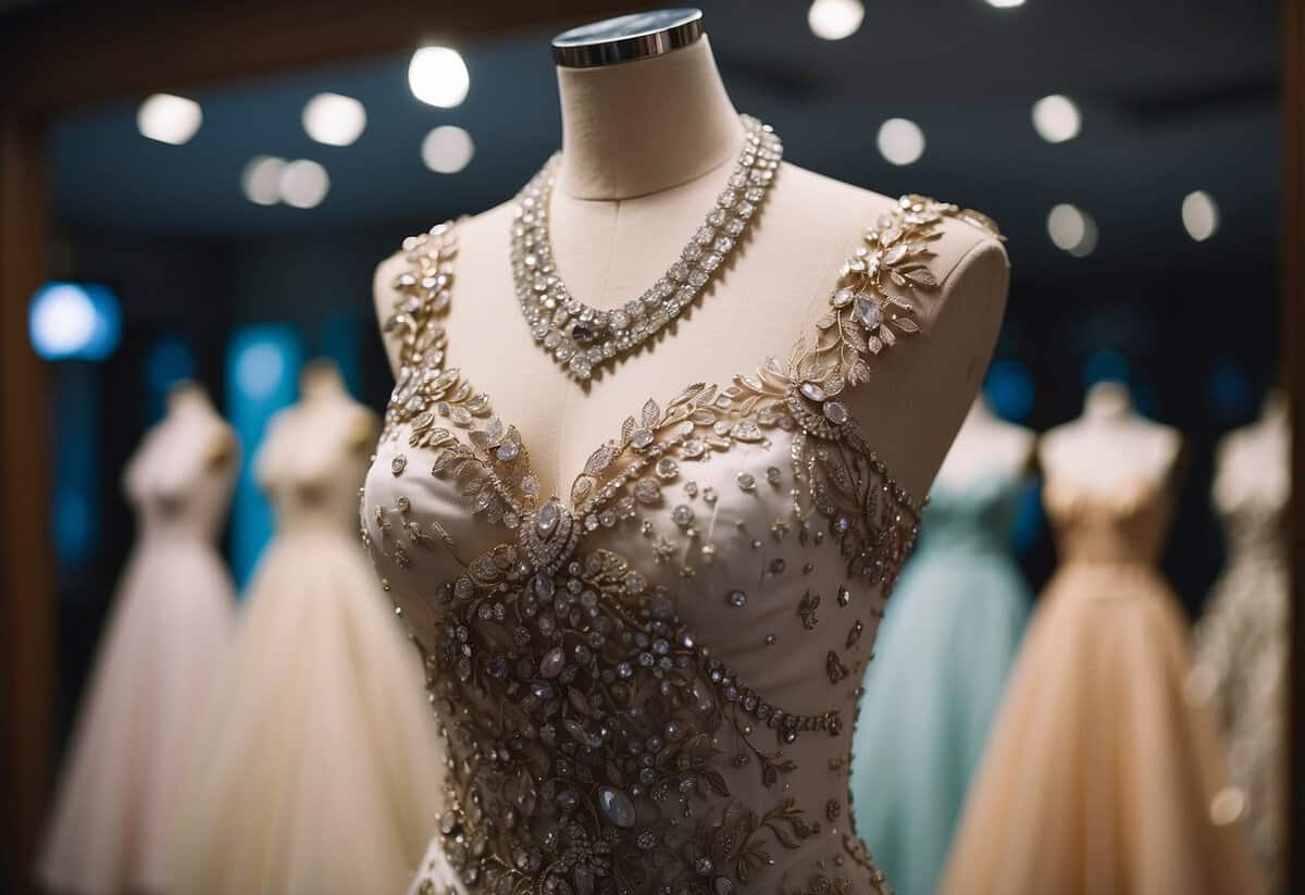 A luxurious wedding gown displayed on a mannequin, surrounded by opulent jewelry and accessories