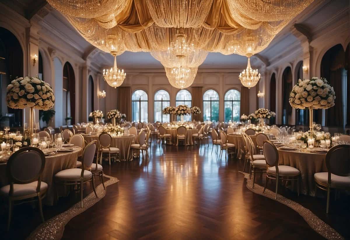 A lavish wedding venue with opulent decorations and luxurious entertainment