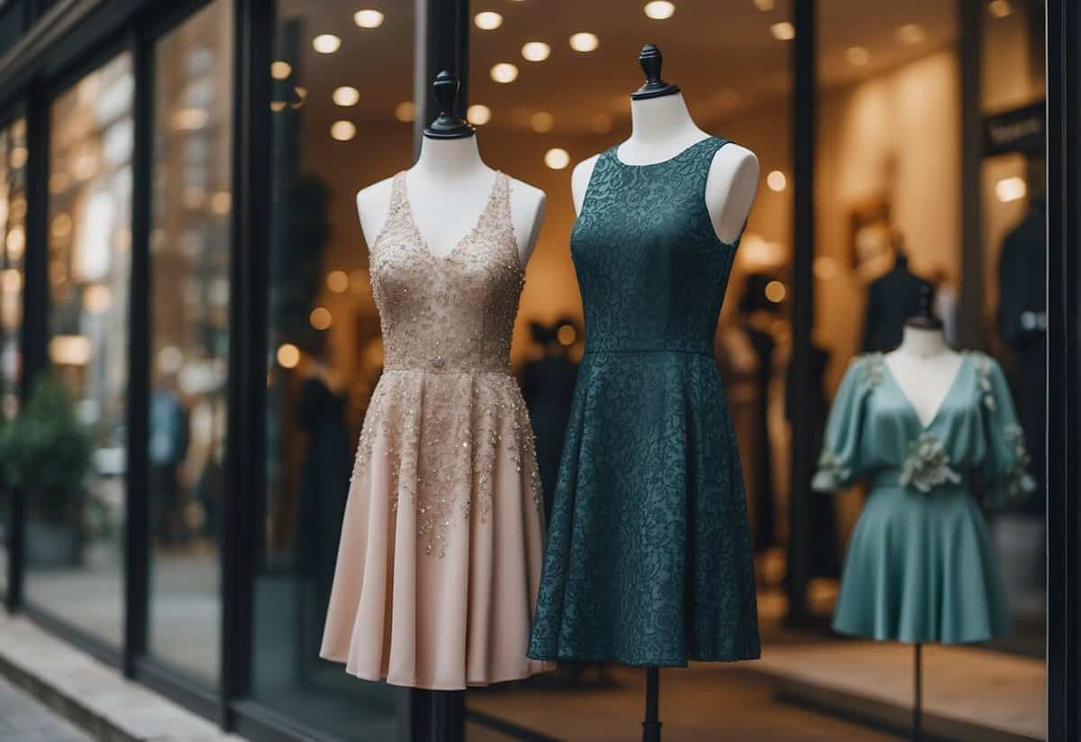 Two elegant dresses in matching colors hang side by side in a boutique window display