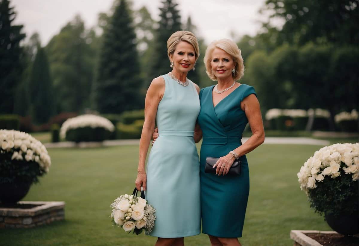 Mother of bride and mother of groom in matching color dresses. Contrast in style and accessories