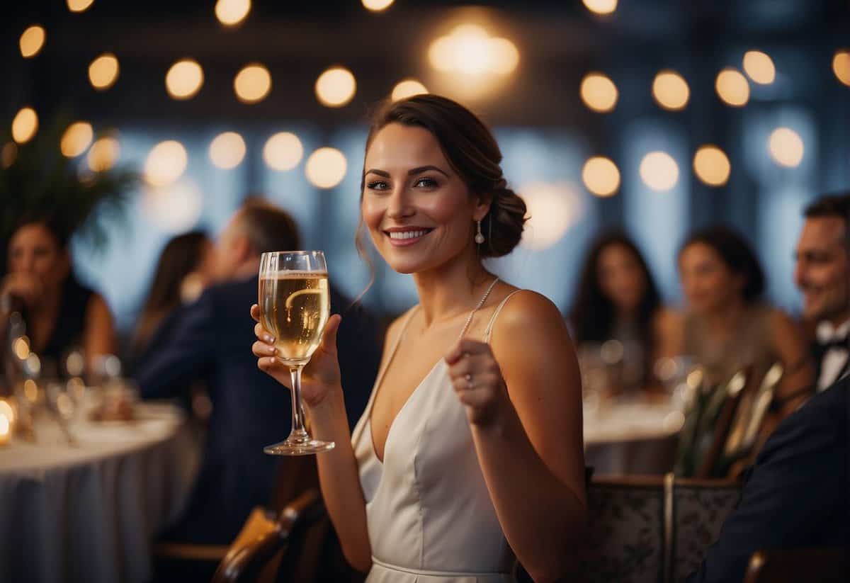 A woman raises a glass, smiling at the newlyweds