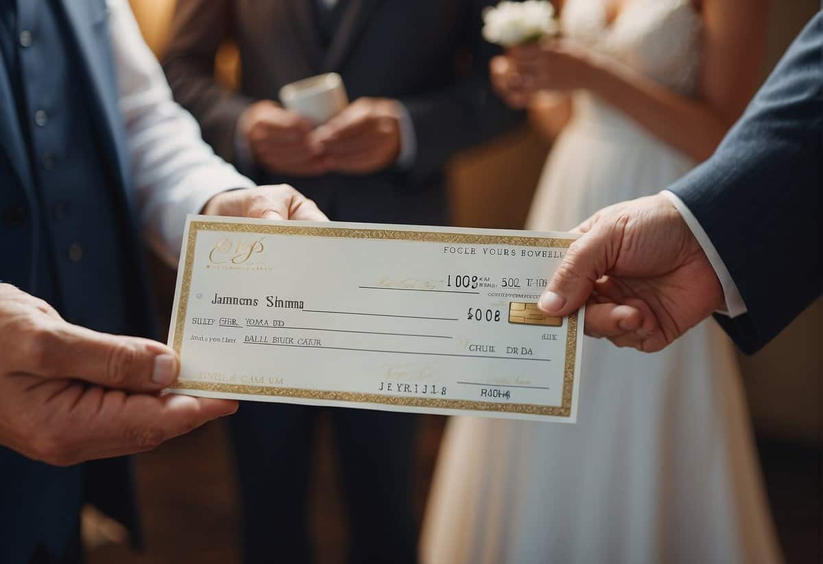 A father hands over a check to a wedding planner