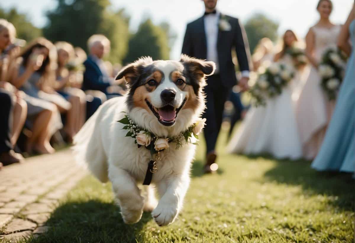 The bride's pet dog races down the aisle, adorned with a floral collar, to greet the newlyweds