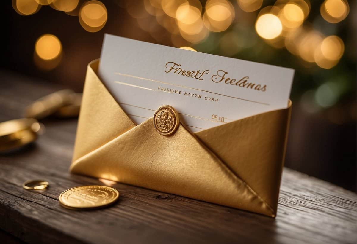 A golden envelope labeled "First to Enter" sits atop a stack of elegant wedding invitations